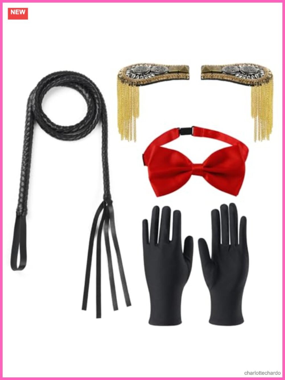 Ringmaster Costume Accessory Set 6Pc Whip Gloves Bow Tie Epaulettes Cosplay